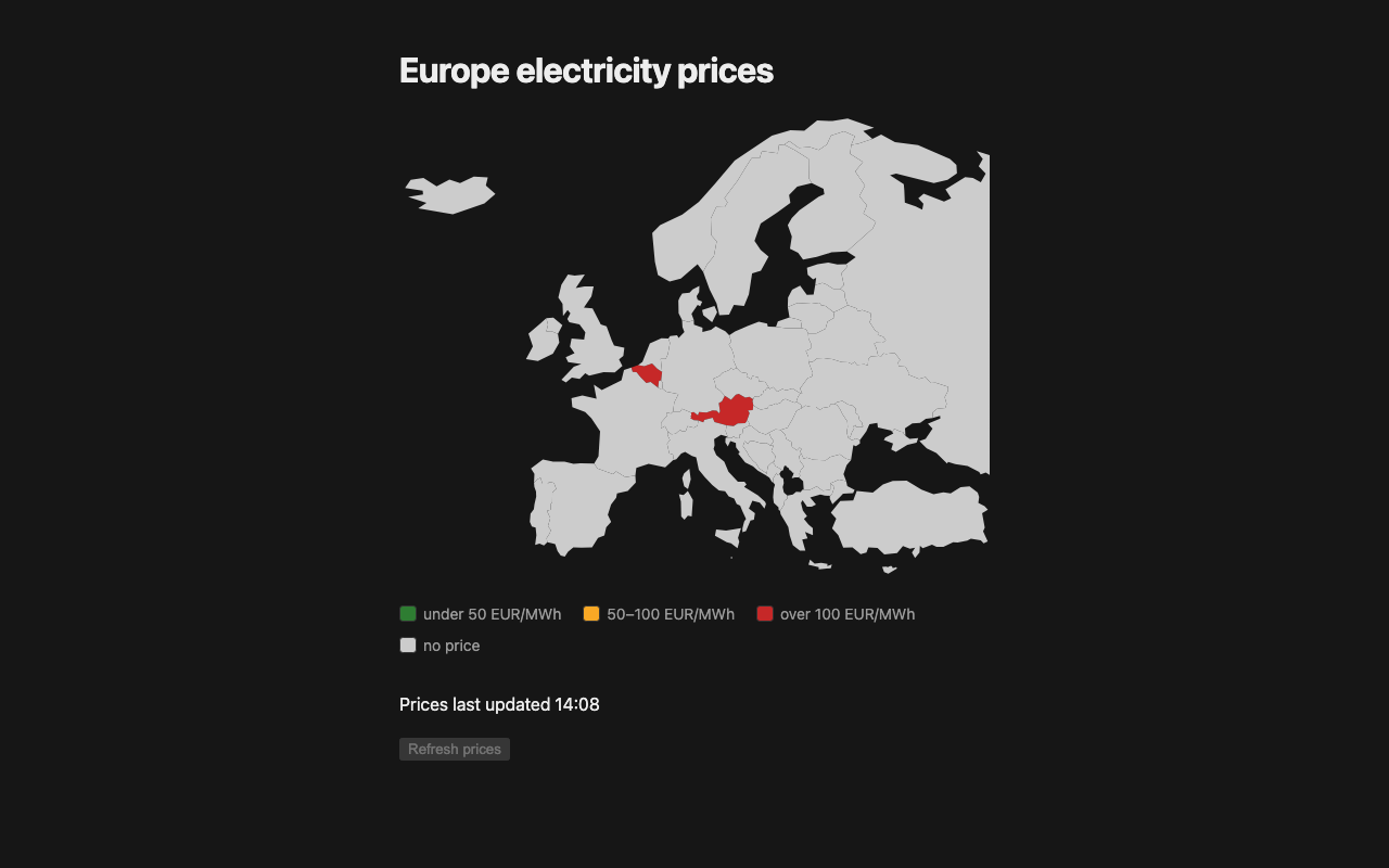 Europe Energy Map: countries coloured by today's electricity price