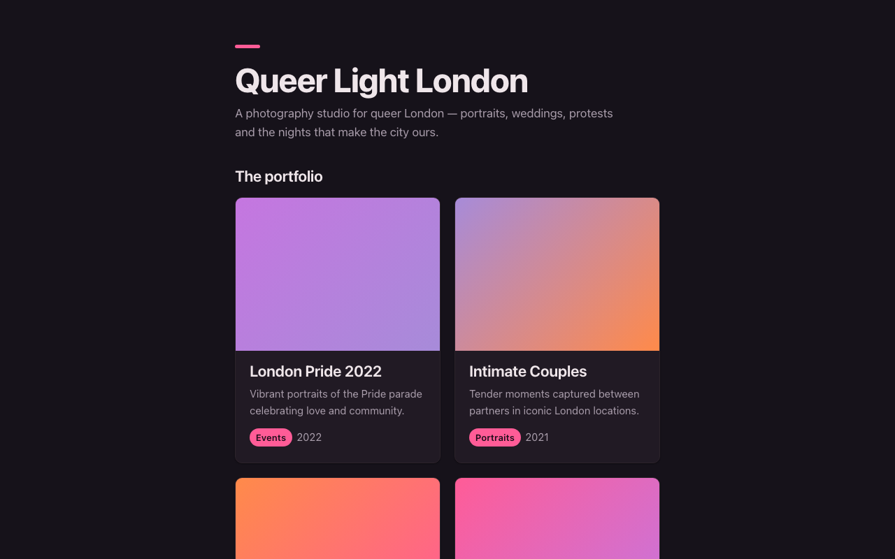 Queer Light London: a photography portfolio in a grid of tinted tiles